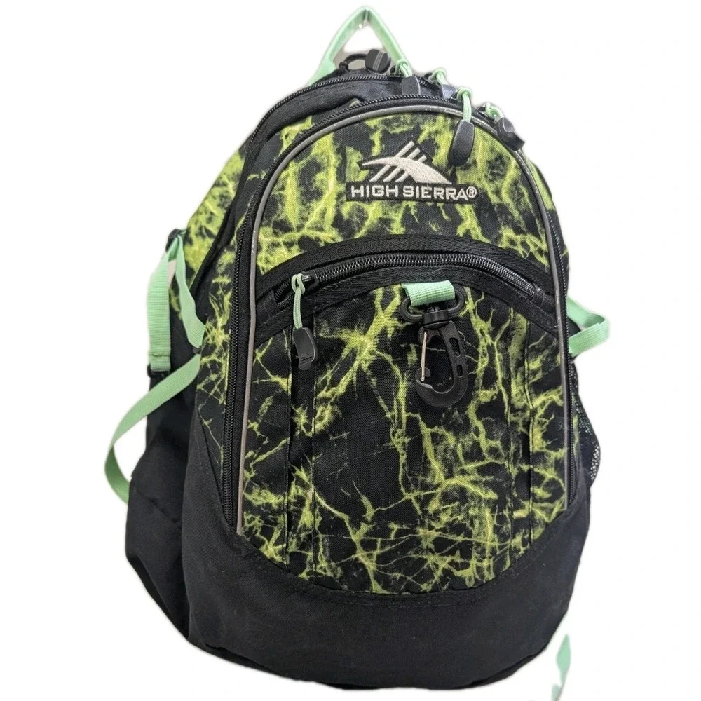 High Sierra Backpack Green Black Lightning Pattern School Hiking Daypack Bag